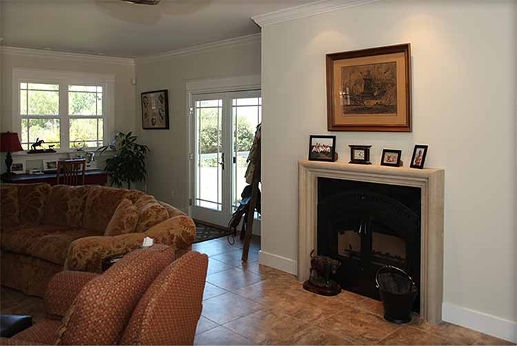 Family room with fireplace and office area